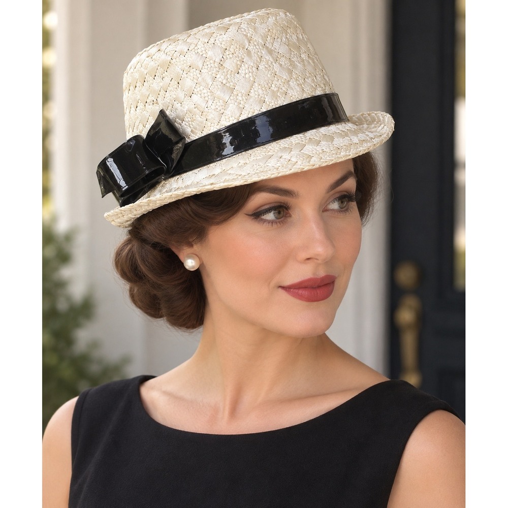 Vintage Jacki 1950s Woven Straw Fedora Hat Union Made Cream Black Bow Retro